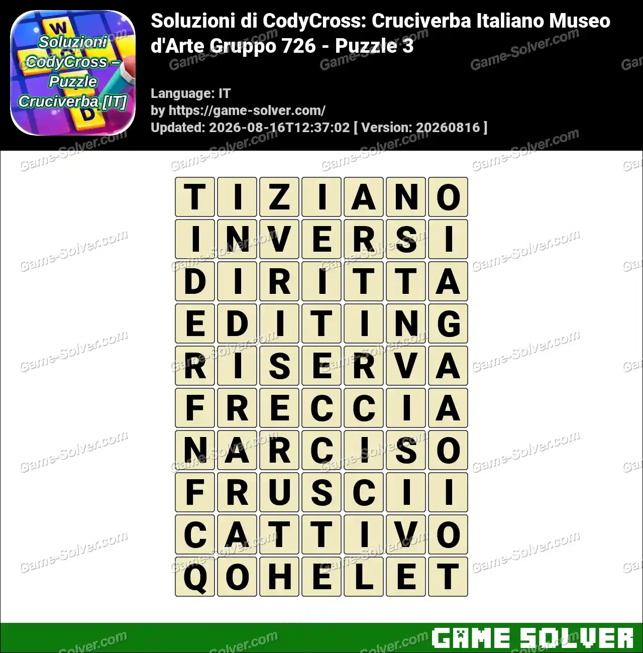 Soluzioni di CodyCross: Cruciverba Italiano Museo d’Arte Gruppo 726 – Puzzle 3